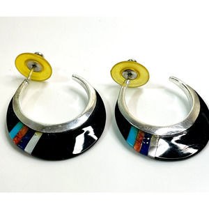 Zuni Half Hoop Inlay Earrings Sterling Jet Coral Turquoise Mother Of Pearl